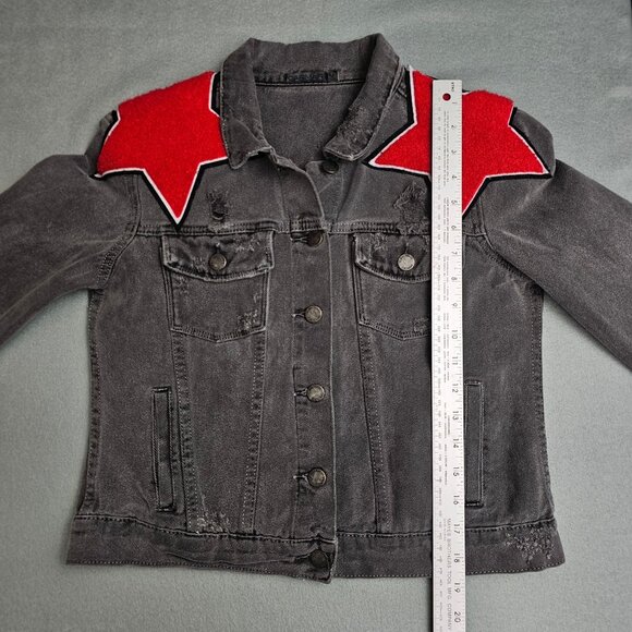 Carmar LF Charcoal Gray Faded Black Denim Jacket Red Star Patches M Distressed - Picture 8 of 11